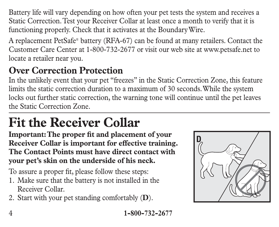 Fit the receiver collar, Over correction protection | Petsafe Ultralight™ Add-A-Dog® Extra Receiver Collar User Manual | Page 4 / 20