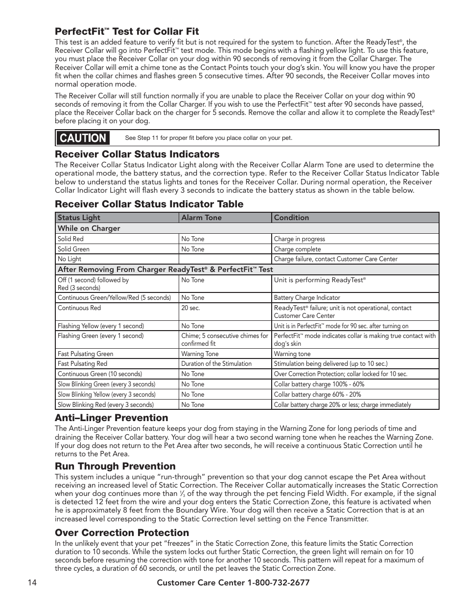 Perfectfit, Test for collar fit, Receiver collar status indicators | Receiver collar status indicator table, Anti–linger prevention, Run through prevention, Over correction protection | Petsafe UltraSmart® In-Ground Fence™ User Manual | Page 14 / 28