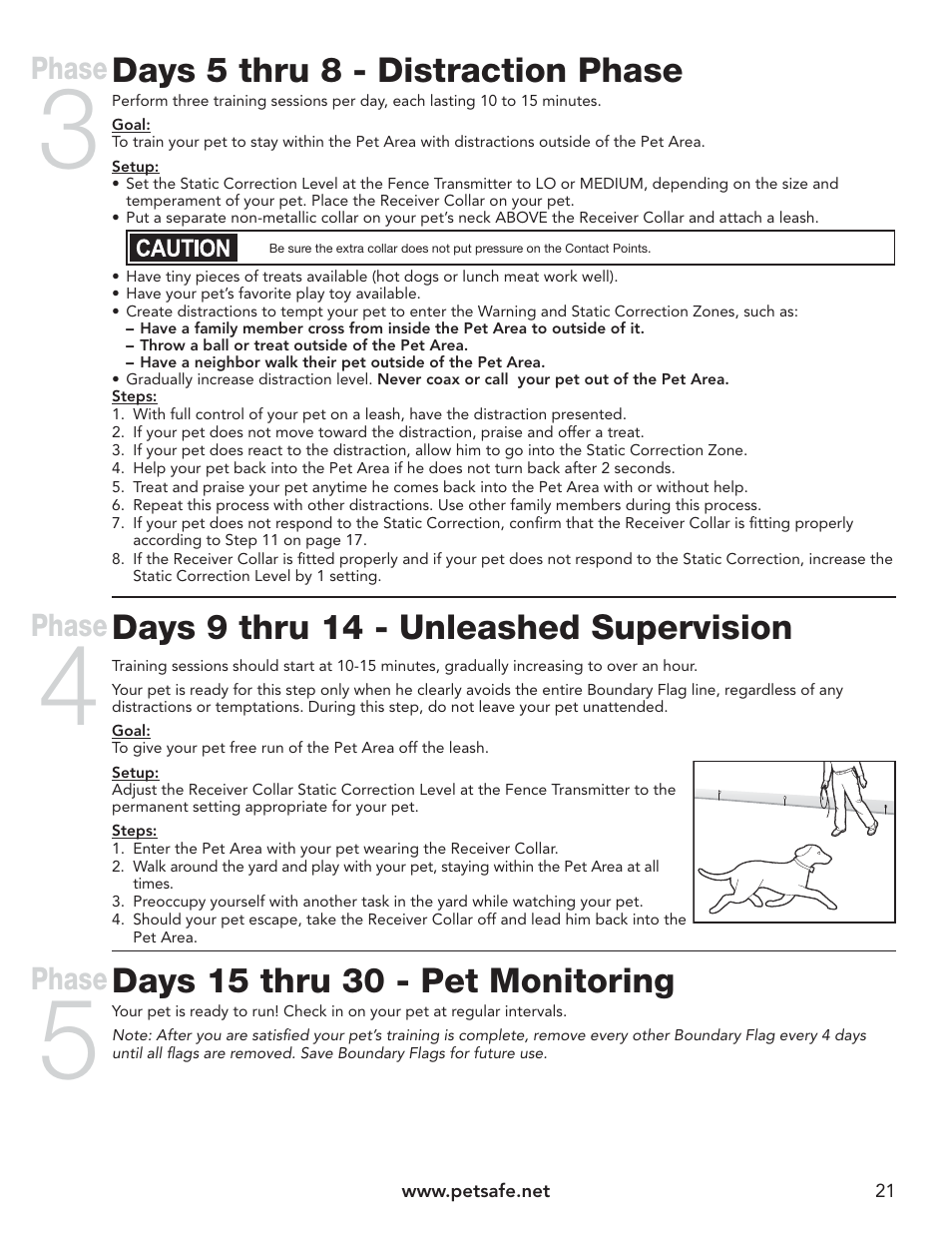 Days 5 thru 8 - distraction phase, Days 9 thru 14 - unleashed supervision, Days 15 thru 30 - pet monitoring | Phase | Petsafe UltraSmart® In-Ground Fence™ User Manual | Page 21 / 28