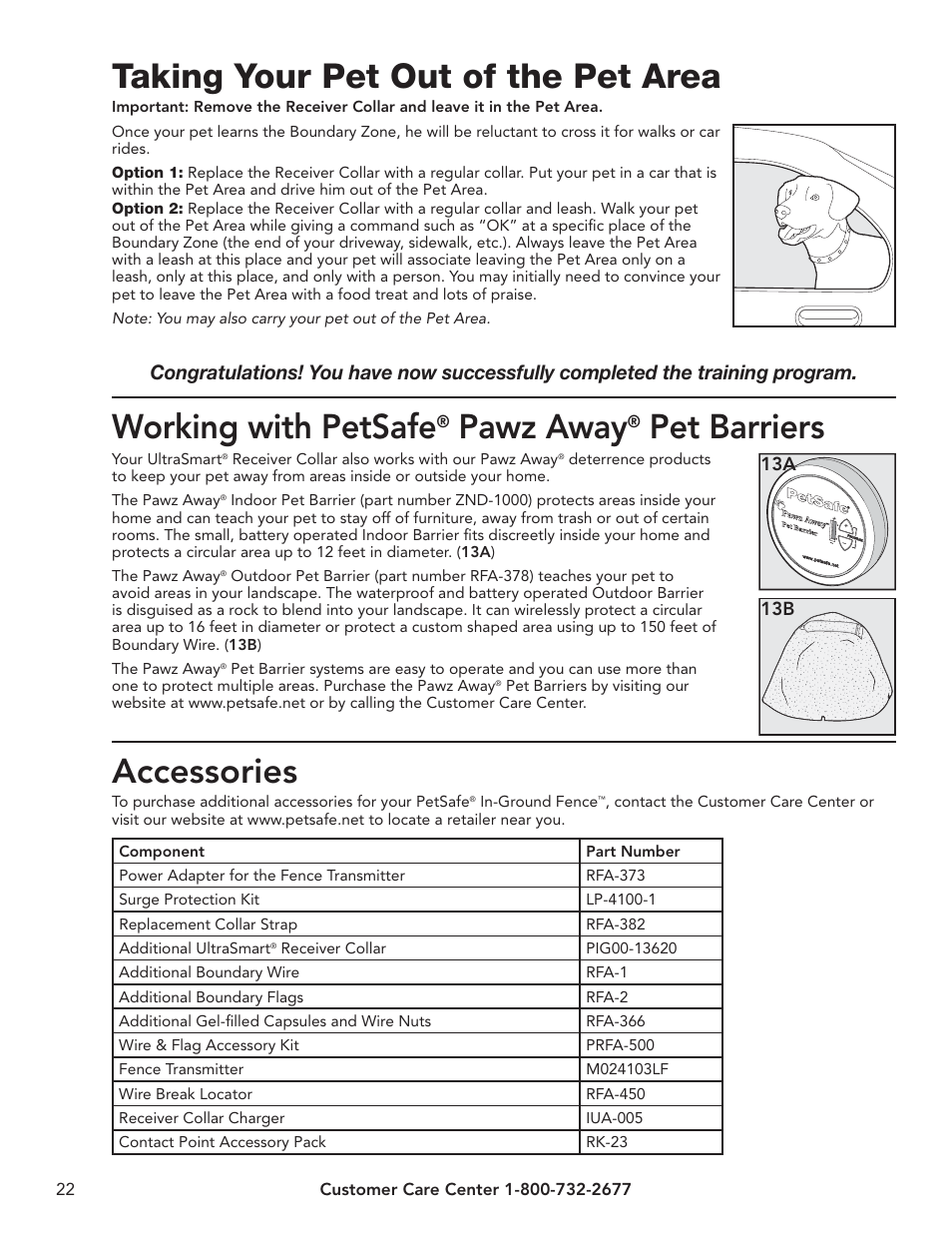 Taking your pet out of the pet area, Working with petsafe, Pawz away | Pet barriers, Accessories | Petsafe UltraSmart® In-Ground Fence™ User Manual | Page 22 / 28