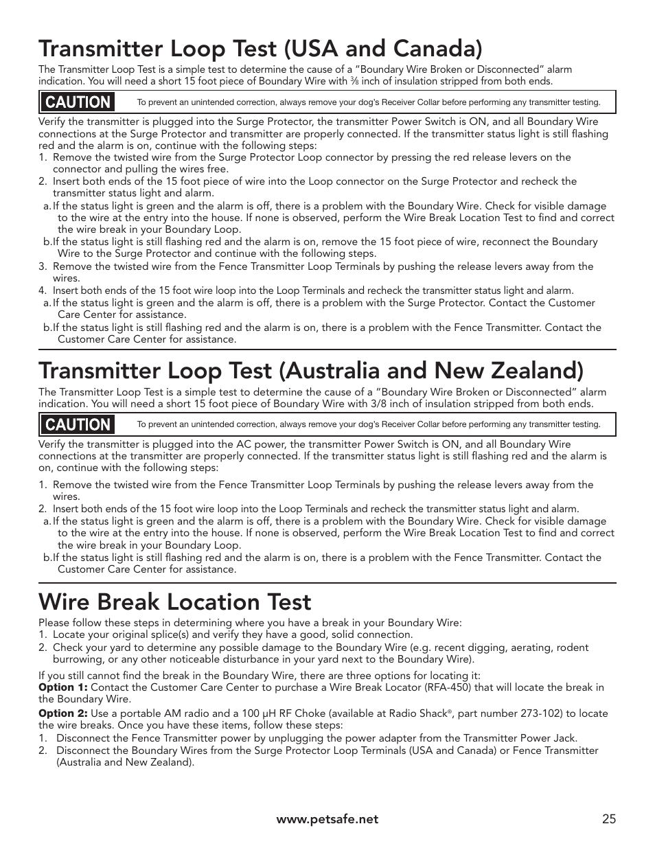 Transmitter loop test (usa and canada), Transmitter loop test (australia and new zealand), Wire break location test | Petsafe UltraSmart® In-Ground Fence™ User Manual | Page 25 / 28