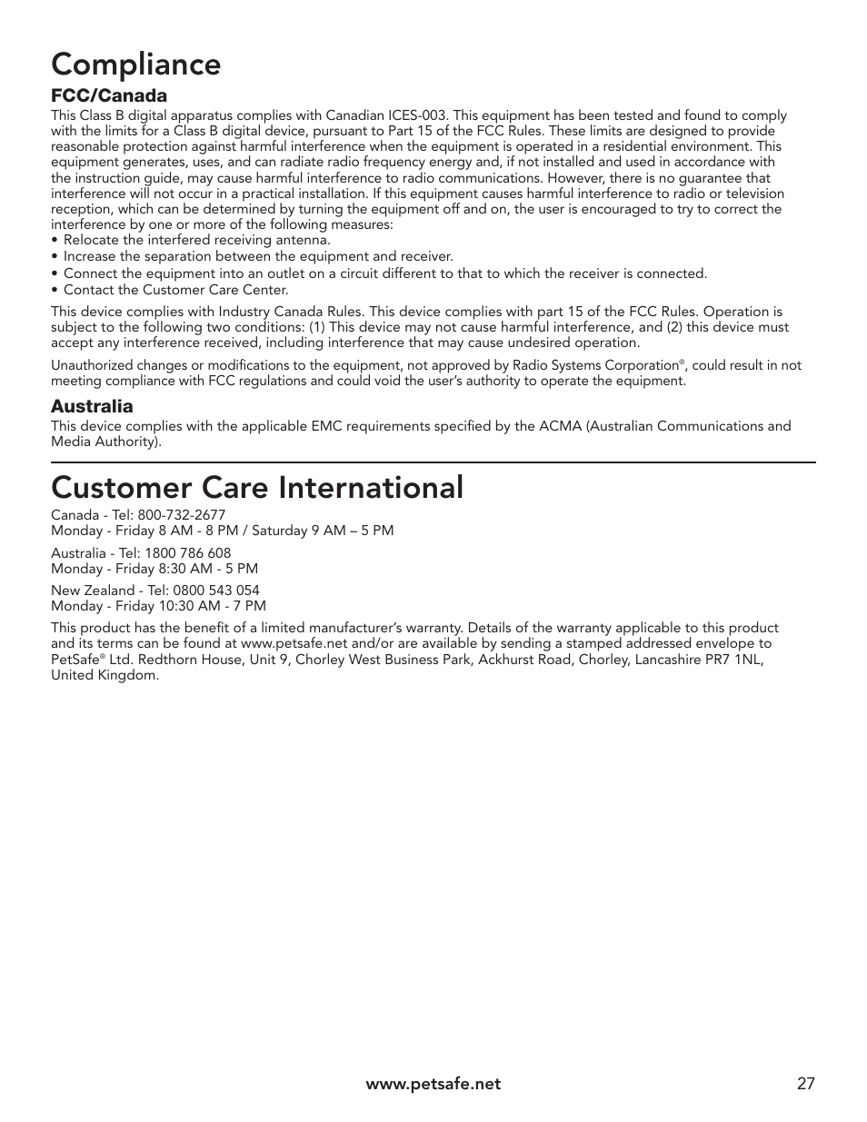 Compliance, Customer care international, Fcc/canada | Australia | Petsafe UltraSmart® In-Ground Fence™ User Manual | Page 27 / 28