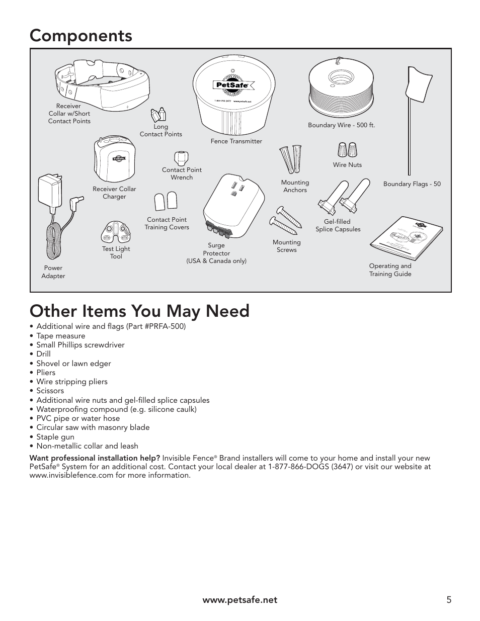 Components, Other items you may need | Petsafe UltraSmart® In-Ground Fence™ User Manual | Page 5 / 28