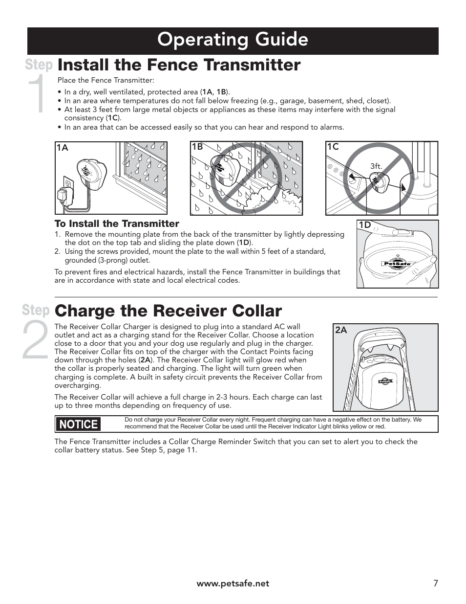 Operating guide, Install the fence transmitter, Charge the receiver collar | Step | Petsafe UltraSmart® In-Ground Fence™ User Manual | Page 7 / 28