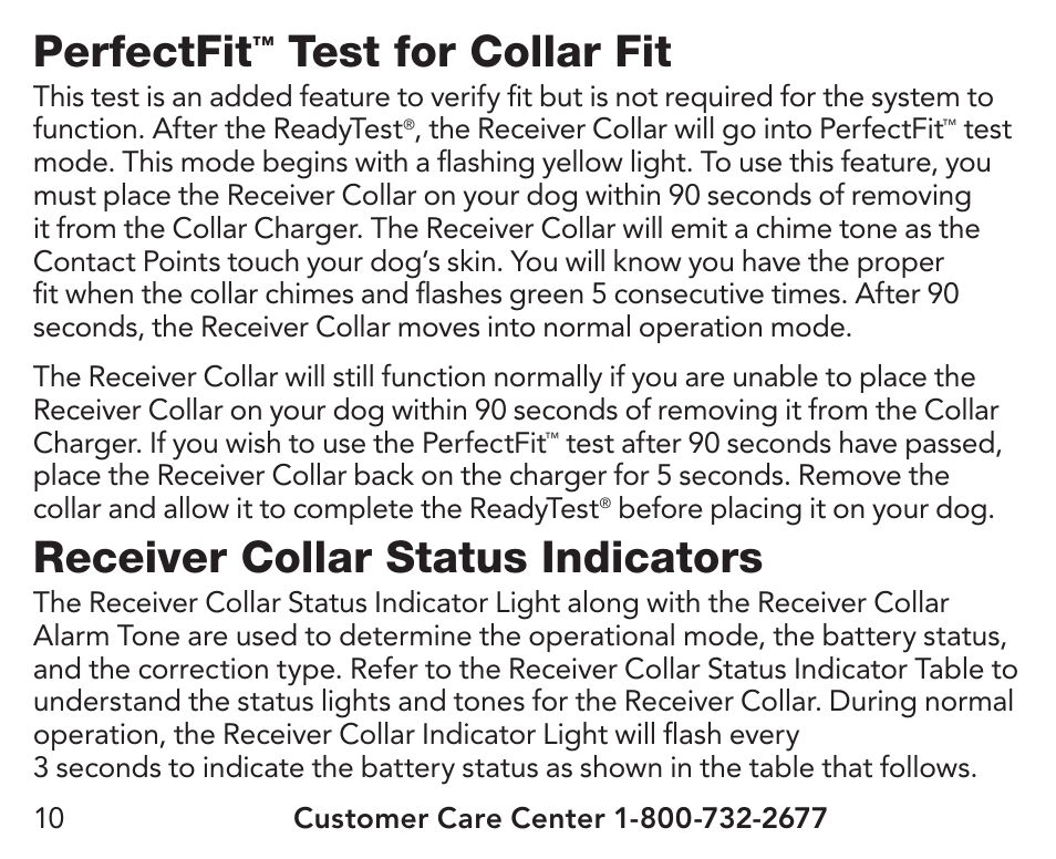 Perfectfit, Test for collar fit, Receiver collar status indicators | Petsafe UltraSmart® In-Ground Fence™ Receiver Collar User Manual | Page 10 / 28
