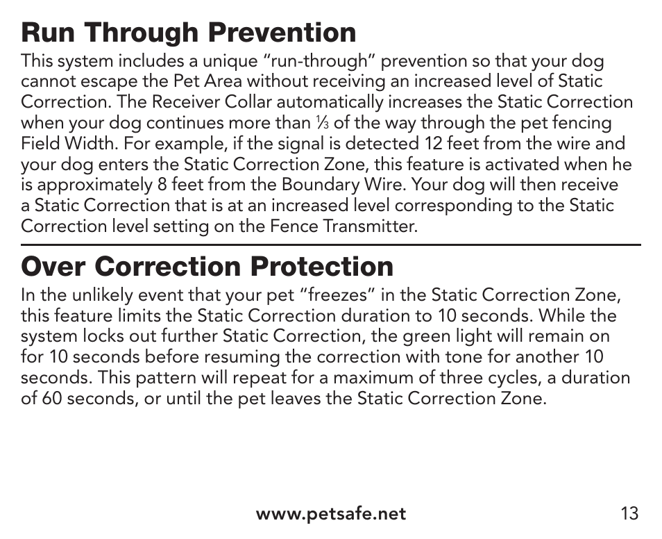 Run through prevention, Over correction protection | Petsafe UltraSmart® In-Ground Fence™ Receiver Collar User Manual | Page 13 / 28