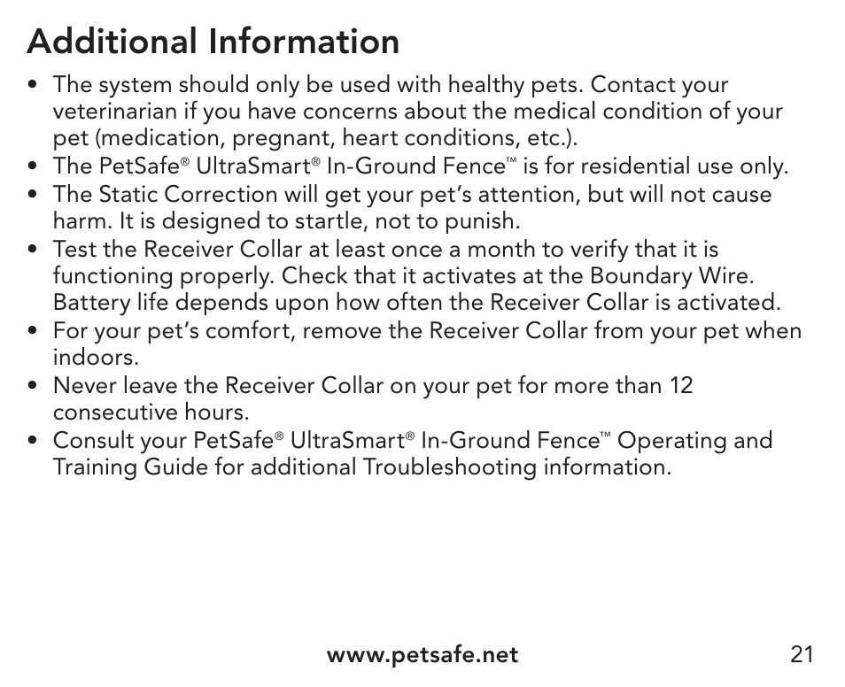 Additional information | Petsafe UltraSmart® In-Ground Fence™ Receiver Collar User Manual | Page 21 / 28