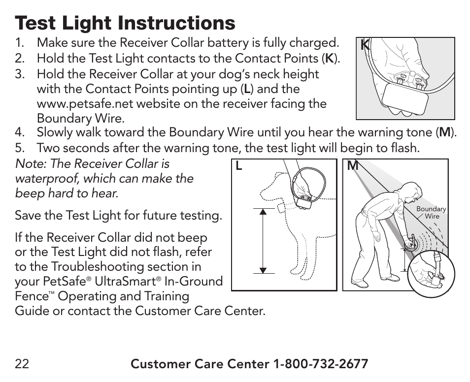 Test light instructions | Petsafe UltraSmart® In-Ground Fence™ Receiver Collar User Manual | Page 22 / 28