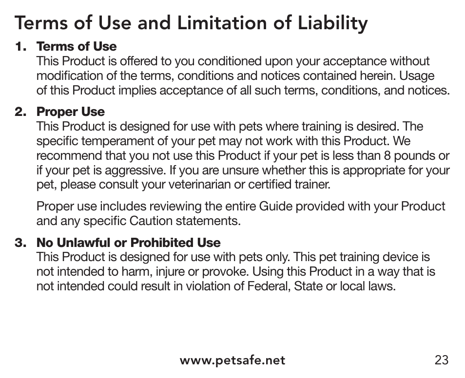 Terms of use and limitation of liability | Petsafe UltraSmart® In-Ground Fence™ Receiver Collar User Manual | Page 23 / 28