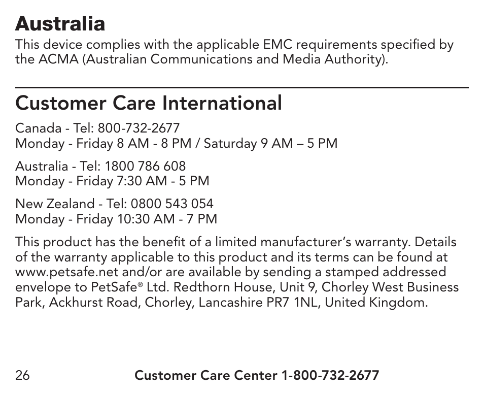 Australia, Customer care international | Petsafe UltraSmart® In-Ground Fence™ Receiver Collar User Manual | Page 26 / 28