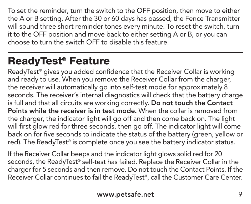 Readytest, Feature | Petsafe UltraSmart® In-Ground Fence™ Receiver Collar User Manual | Page 9 / 28
