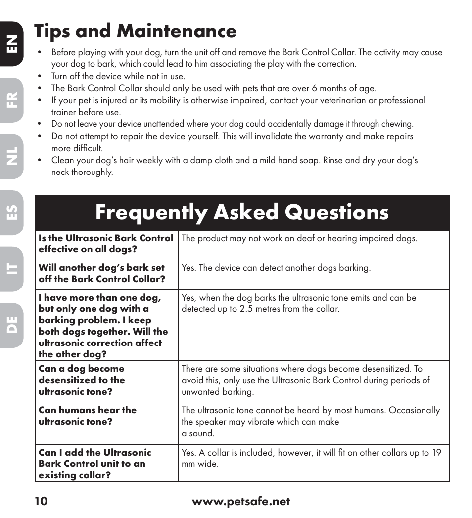Frequently asked questions, Tips and maintenance, En es fr it nl de | Petsafe Ultrasonic Bark Control Collar User Manual | Page 10 / 75