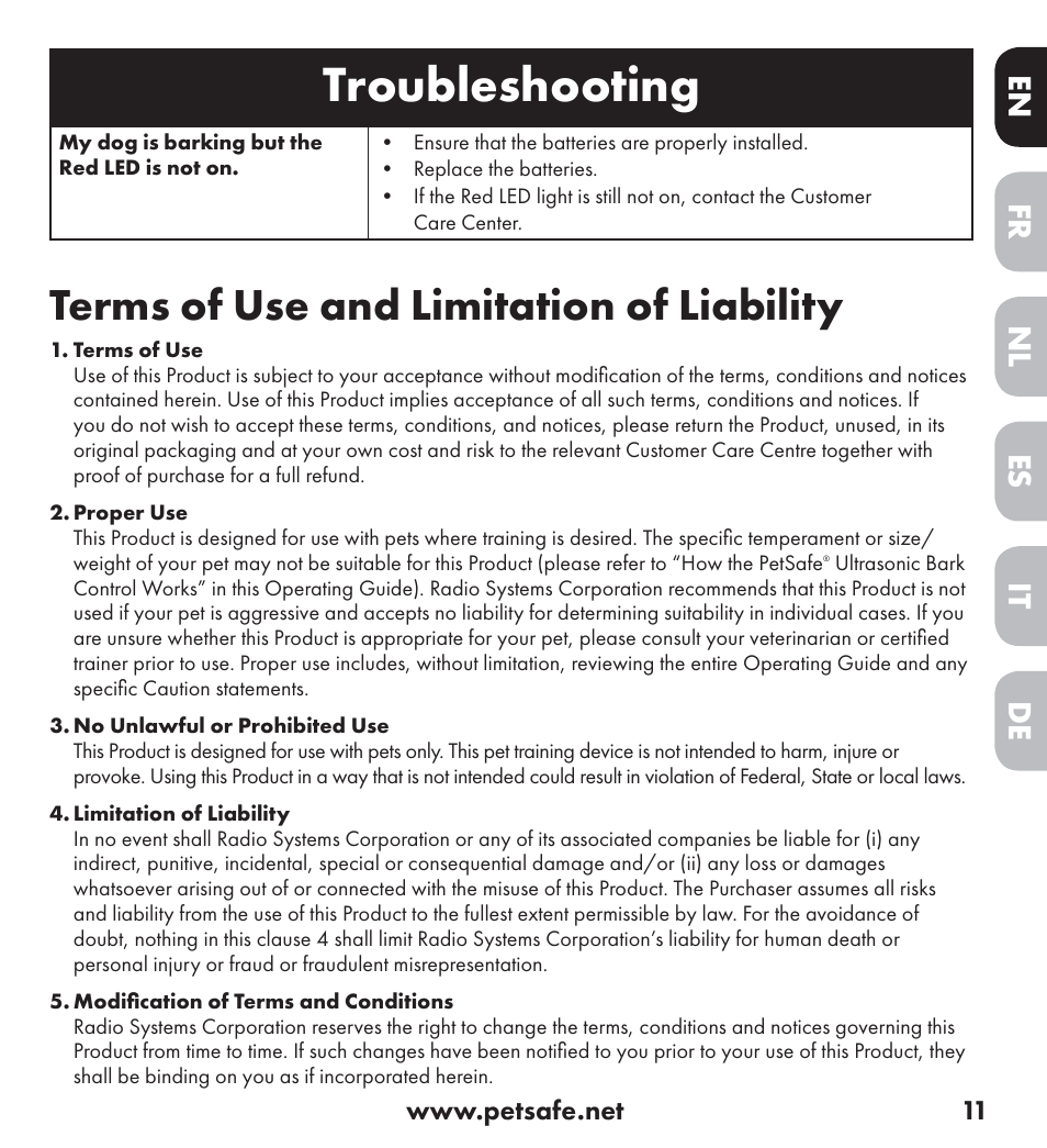 Troubleshooting, Terms of use and limitation of liability, De nl it fr es en | Petsafe Ultrasonic Bark Control Collar User Manual | Page 11 / 75