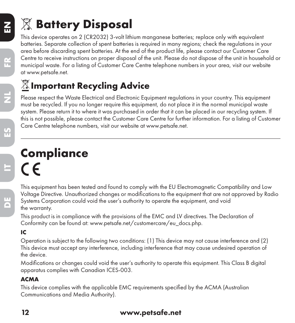 Battery disposal, Compliance | Petsafe Ultrasonic Bark Control Collar User Manual | Page 12 / 75