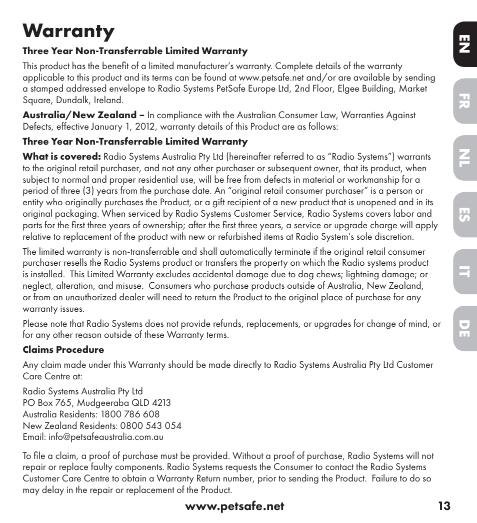 Warranty | Petsafe Ultrasonic Bark Control Collar User Manual | Page 13 / 75