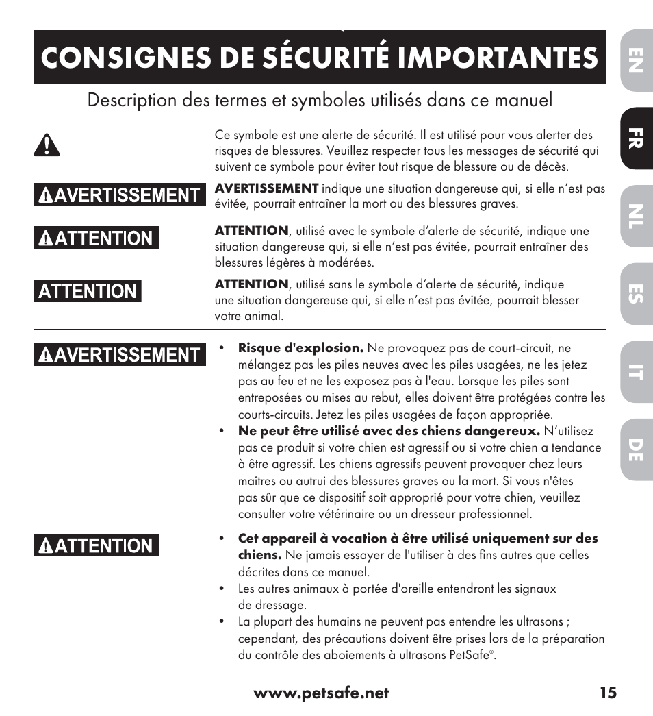 Consignes de sécurité importantes, Français, De nl it fr es en | Petsafe Ultrasonic Bark Control Collar User Manual | Page 15 / 75
