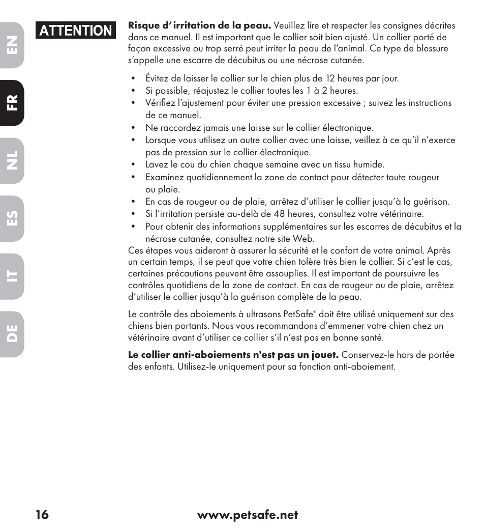 En es fr it nl de | Petsafe Ultrasonic Bark Control Collar User Manual | Page 16 / 75