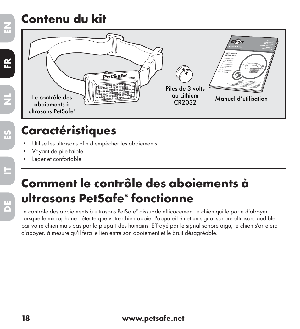 Contenu du kit, Caractéristiques, Fonctionne | En es fr it nl de | Petsafe Ultrasonic Bark Control Collar User Manual | Page 18 / 75