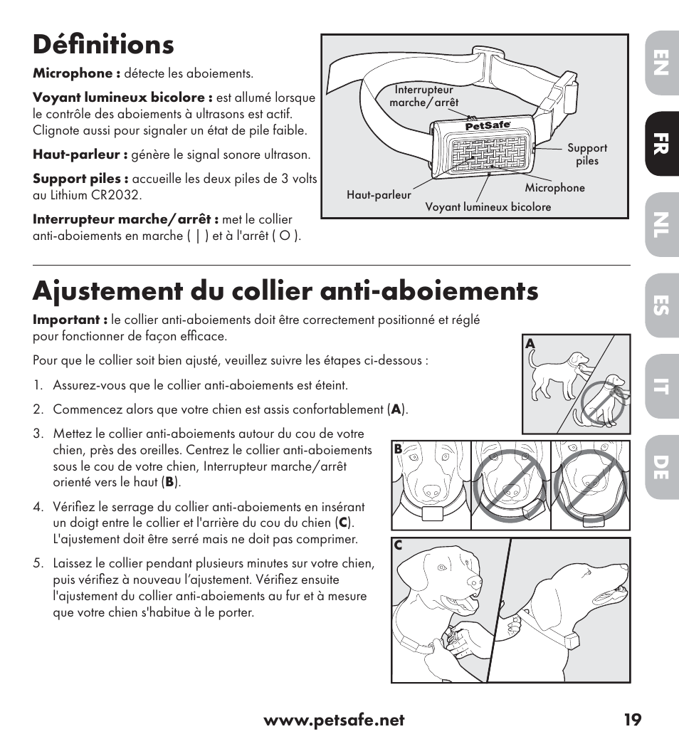 Déﬁ nitions, Ajustement du collier anti-aboiements, De nl it fr es en | Petsafe Ultrasonic Bark Control Collar User Manual | Page 19 / 75