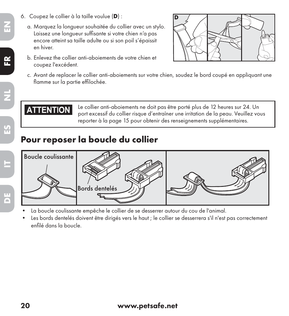 En es fr it nl de, Pour reposer la boucle du collier | Petsafe Ultrasonic Bark Control Collar User Manual | Page 20 / 75