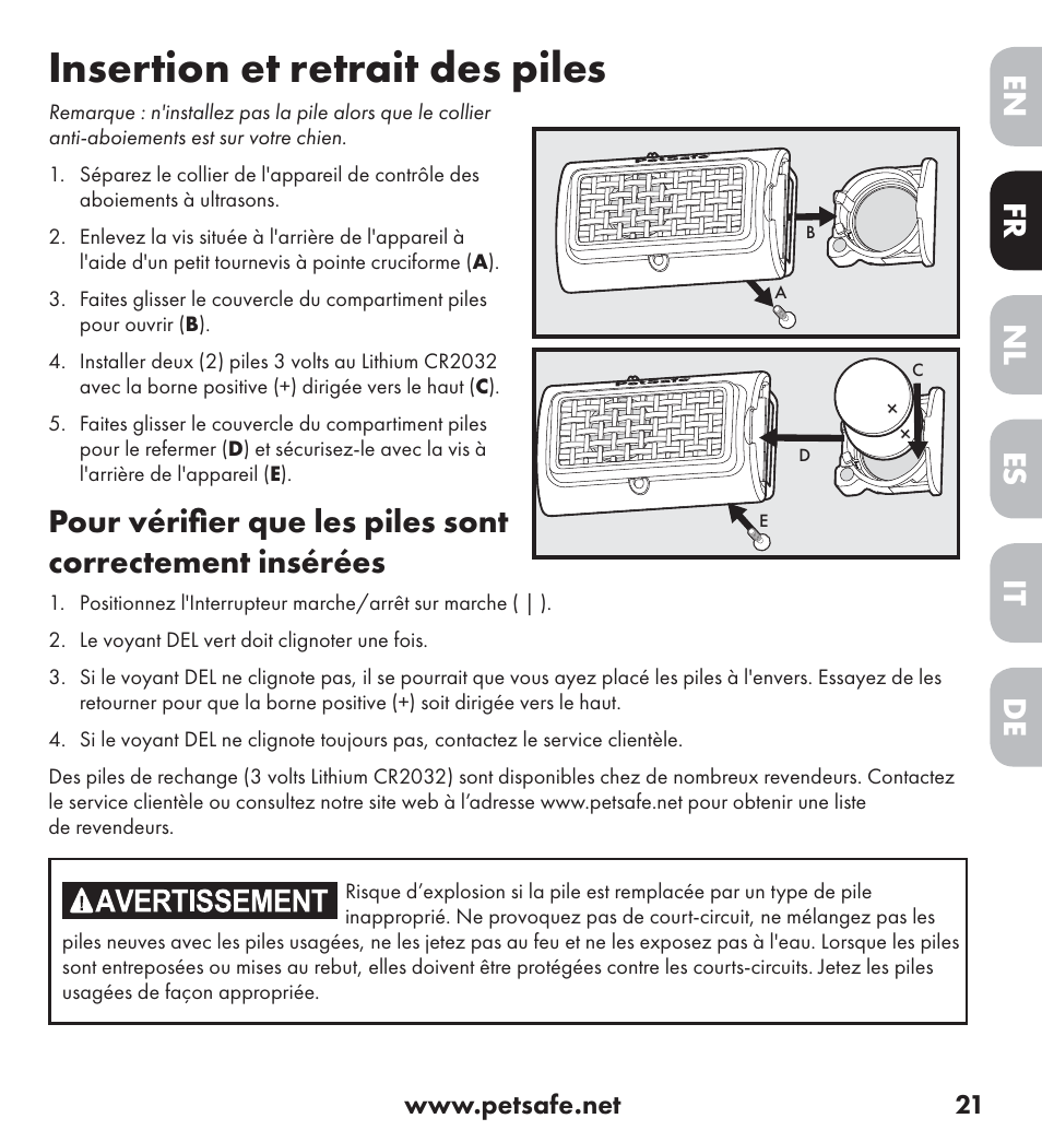Insertion et retrait des piles, De nl it fr es en | Petsafe Ultrasonic Bark Control Collar User Manual | Page 21 / 75
