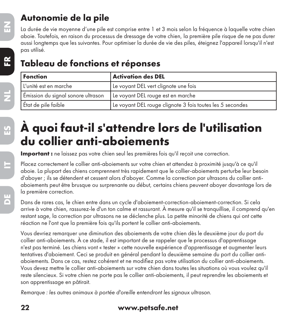 En es fr it nl de autonomie de la pile, Tableau de fonctions et réponses | Petsafe Ultrasonic Bark Control Collar User Manual | Page 22 / 75