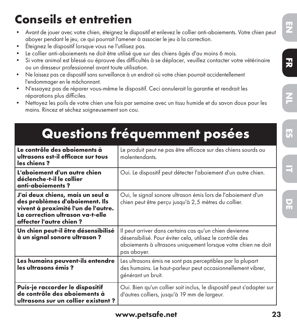 Questions fréquemment posées, Conseils et entretien, De nl it fr es en | Petsafe Ultrasonic Bark Control Collar User Manual | Page 23 / 75