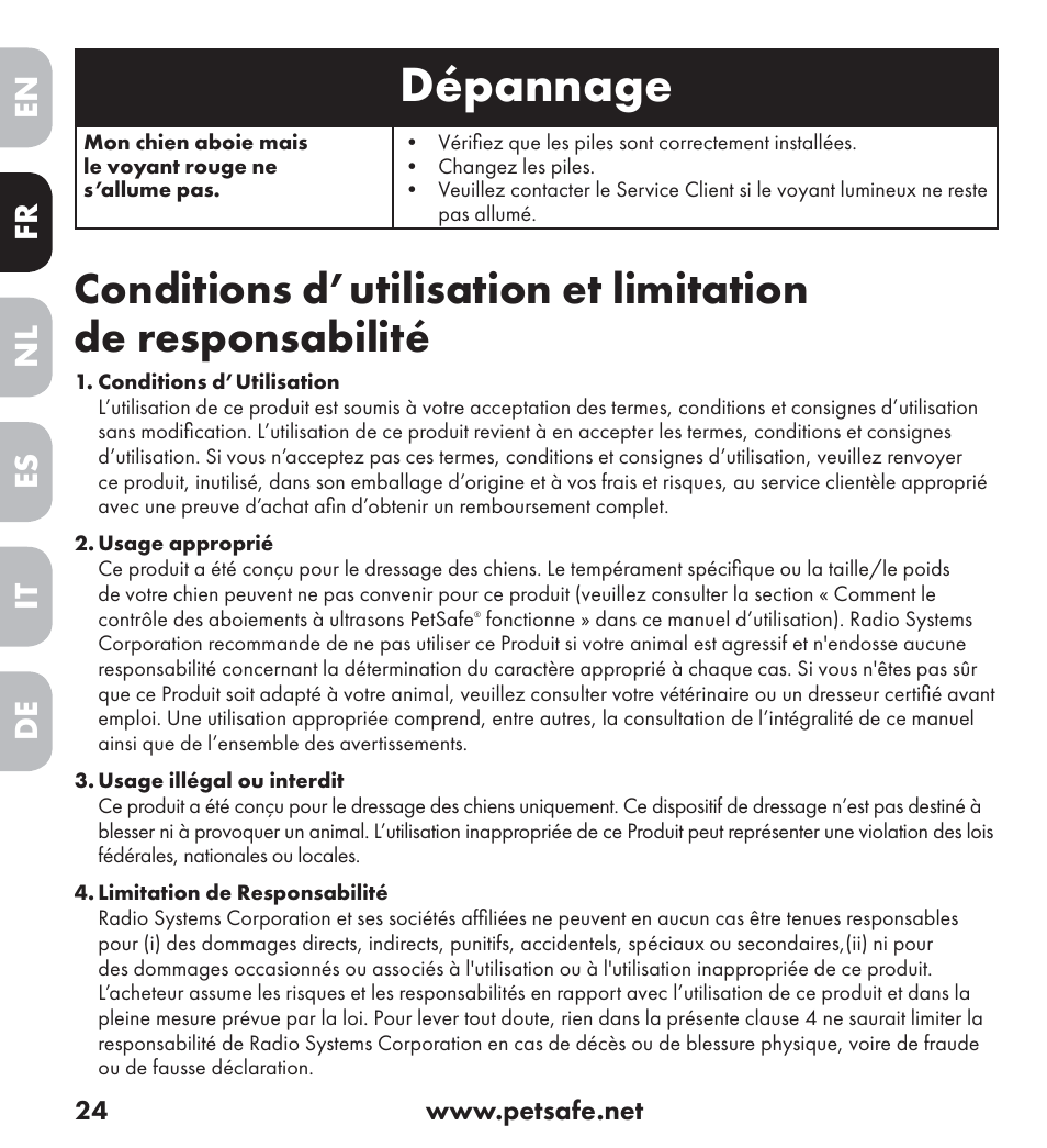 Dépannage, En es fr it nl de | Petsafe Ultrasonic Bark Control Collar User Manual | Page 24 / 75