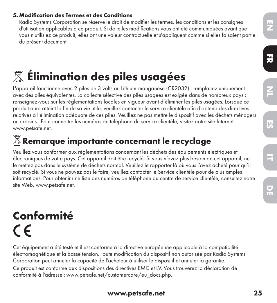 Élimination des piles usagées, Conformité | Petsafe Ultrasonic Bark Control Collar User Manual | Page 25 / 75