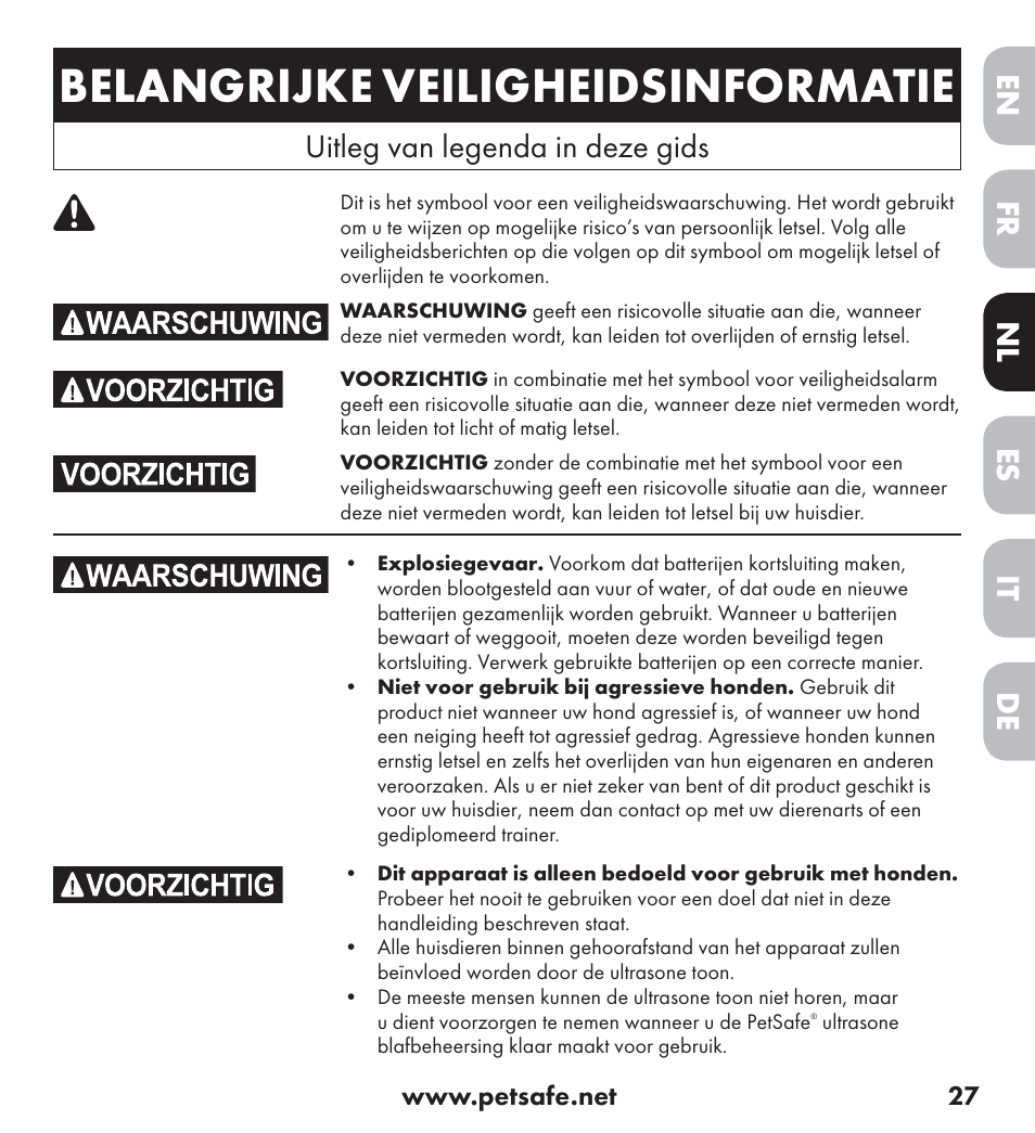 Belangrijke veiligheidsinformatie, Nederlands, De nl it fr es en | Uitleg van legenda in deze gids | Petsafe Ultrasonic Bark Control Collar User Manual | Page 27 / 75