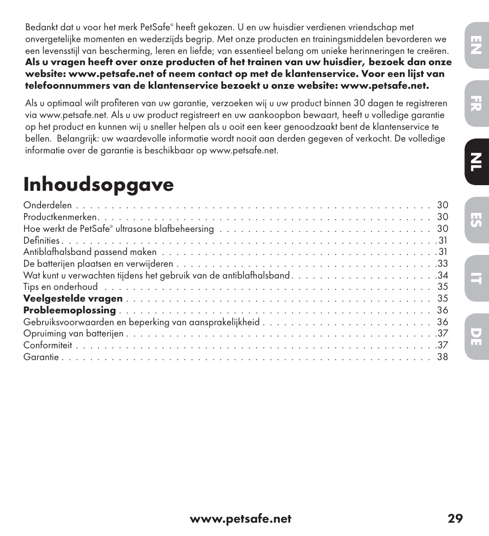 Inhoudsopgave, De nl it fr es en | Petsafe Ultrasonic Bark Control Collar User Manual | Page 29 / 75