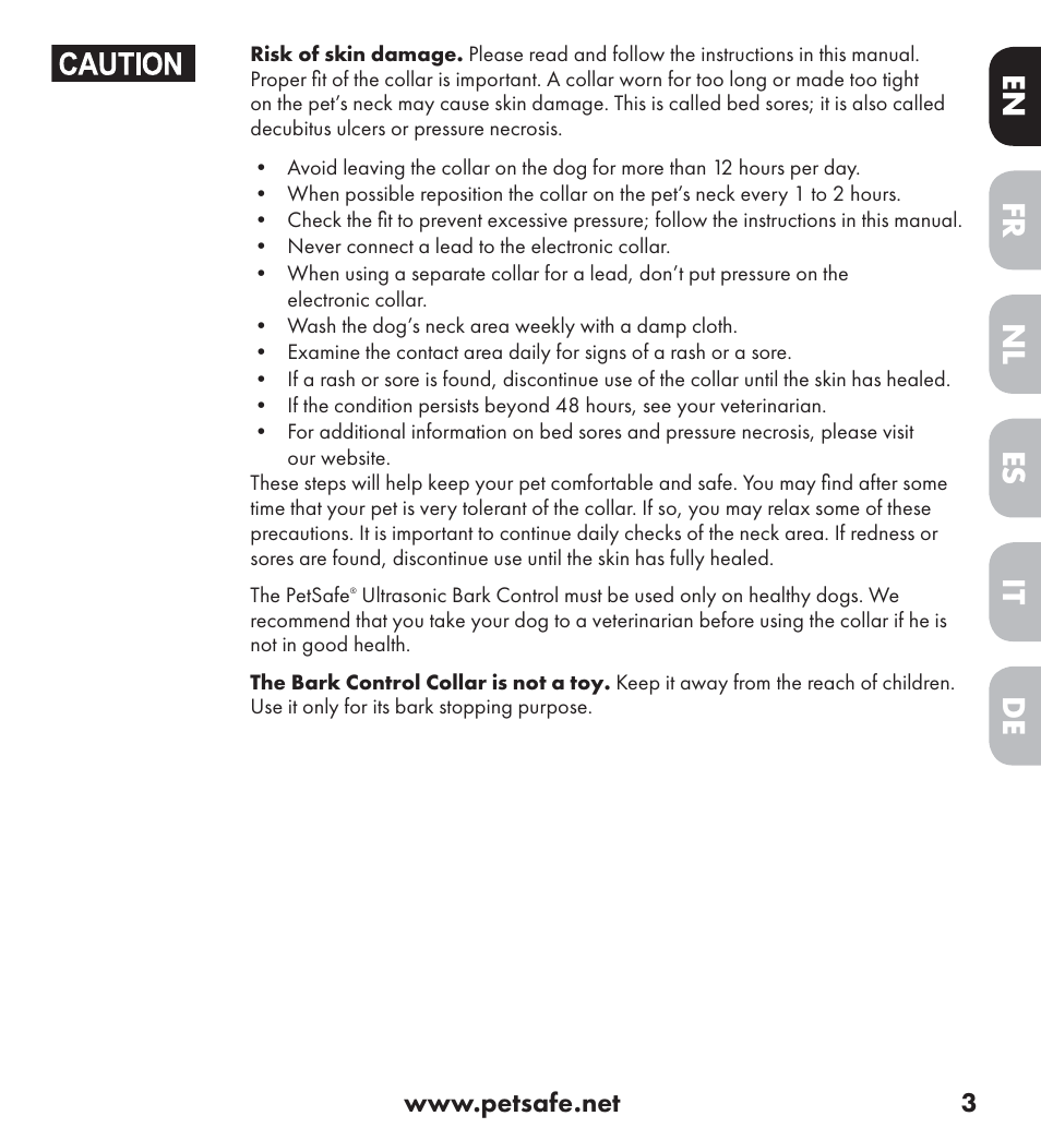 De nl it fr es en | Petsafe Ultrasonic Bark Control Collar User Manual | Page 3 / 75