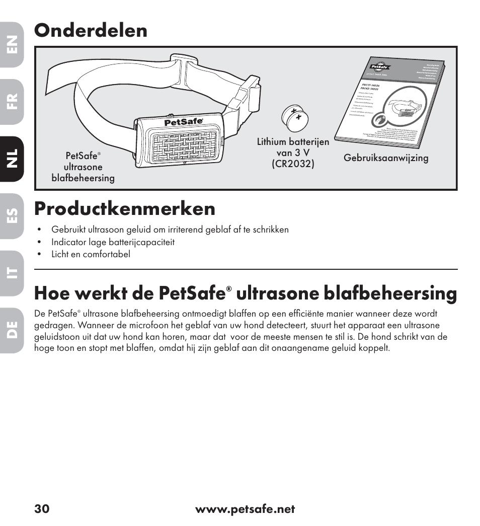 Onderdelen, Productkenmerken, Hoe werkt de petsafe | Ultrasone blafbeheersing, En es fr it nl de | Petsafe Ultrasonic Bark Control Collar User Manual | Page 30 / 75
