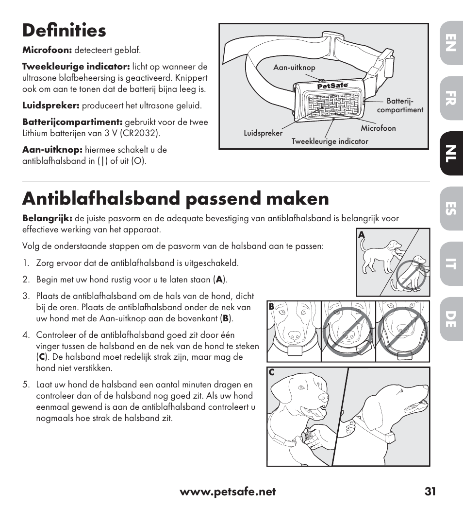 Deﬁ nities, Antiblafhalsband passend maken, De nl it fr es en | Petsafe Ultrasonic Bark Control Collar User Manual | Page 31 / 75