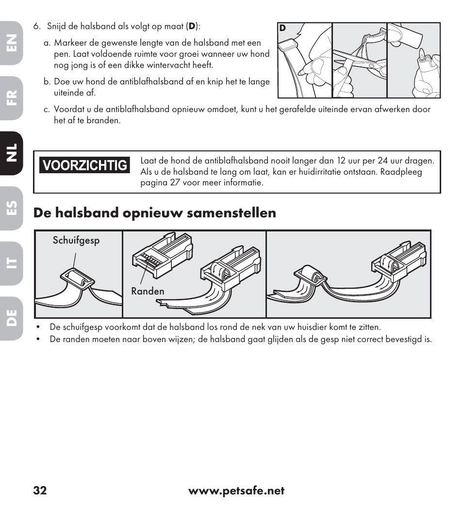 En es fr it nl de, De halsband opnieuw samenstellen | Petsafe Ultrasonic Bark Control Collar User Manual | Page 32 / 75