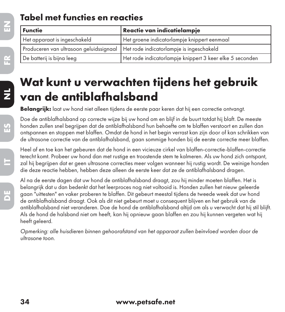 En es fr it nl de tabel met functies en reacties | Petsafe Ultrasonic Bark Control Collar User Manual | Page 34 / 75