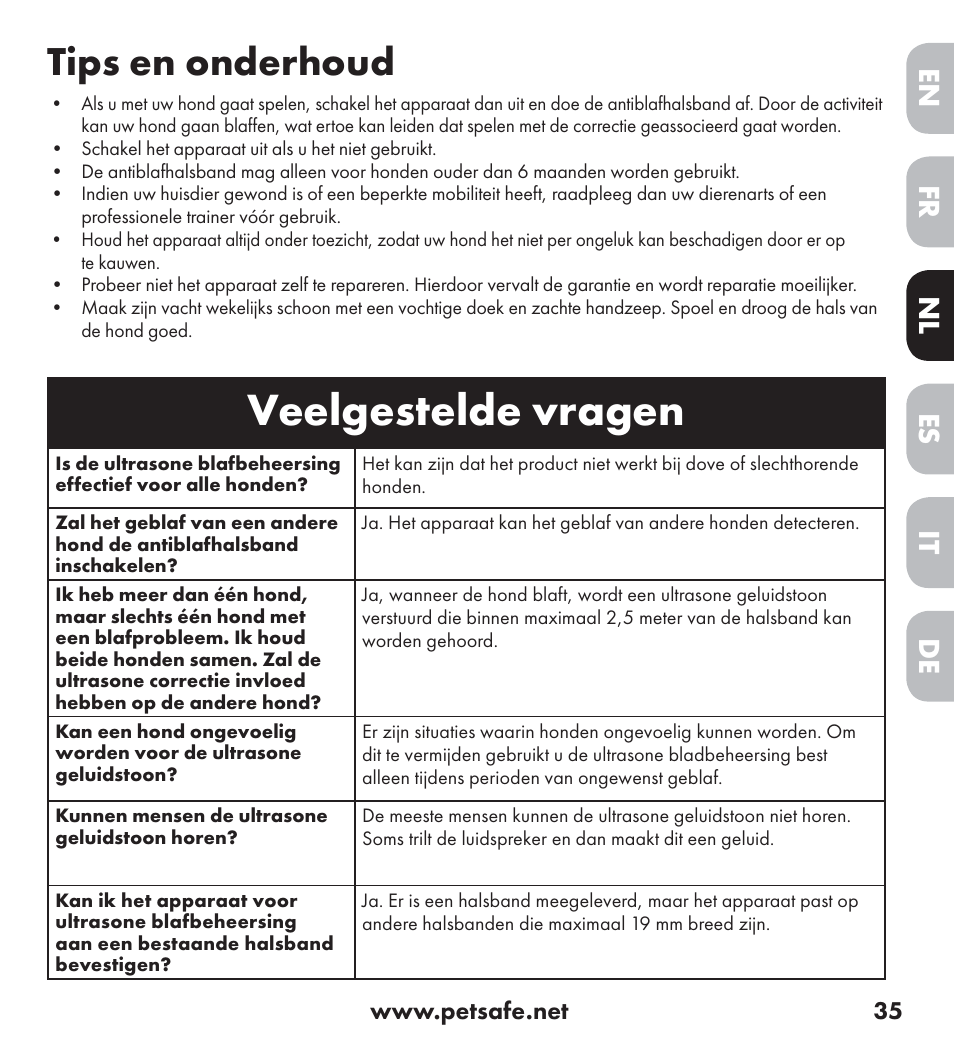 Veelgestelde vragen, Tips en onderhoud, De nl it fr es en | Petsafe Ultrasonic Bark Control Collar User Manual | Page 35 / 75