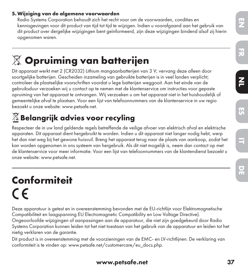 Opruiming van batterijen, Conformiteit | Petsafe Ultrasonic Bark Control Collar User Manual | Page 37 / 75
