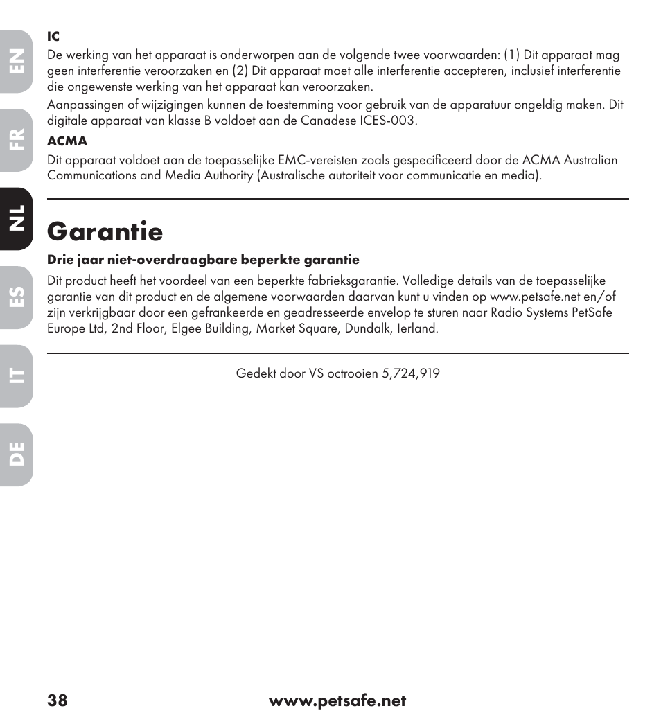 Garantie | Petsafe Ultrasonic Bark Control Collar User Manual | Page 38 / 75