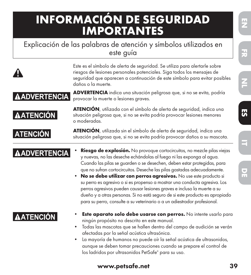 Información de seguridad importantes, Español, De nl it fr es en | Petsafe Ultrasonic Bark Control Collar User Manual | Page 39 / 75