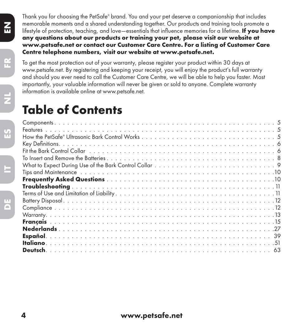 Petsafe Ultrasonic Bark Control Collar User Manual | Page 4 / 75