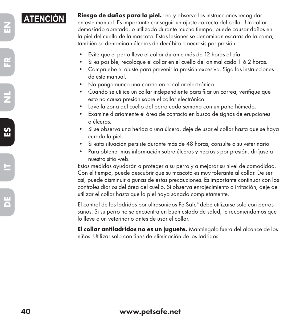 En es fr it nl de | Petsafe Ultrasonic Bark Control Collar User Manual | Page 40 / 75
