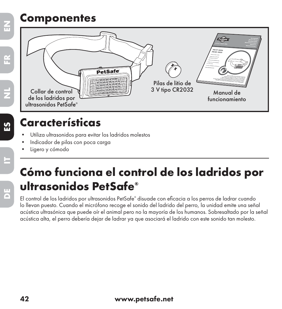 Componentes, Características, En es fr it nl de | Petsafe Ultrasonic Bark Control Collar User Manual | Page 42 / 75