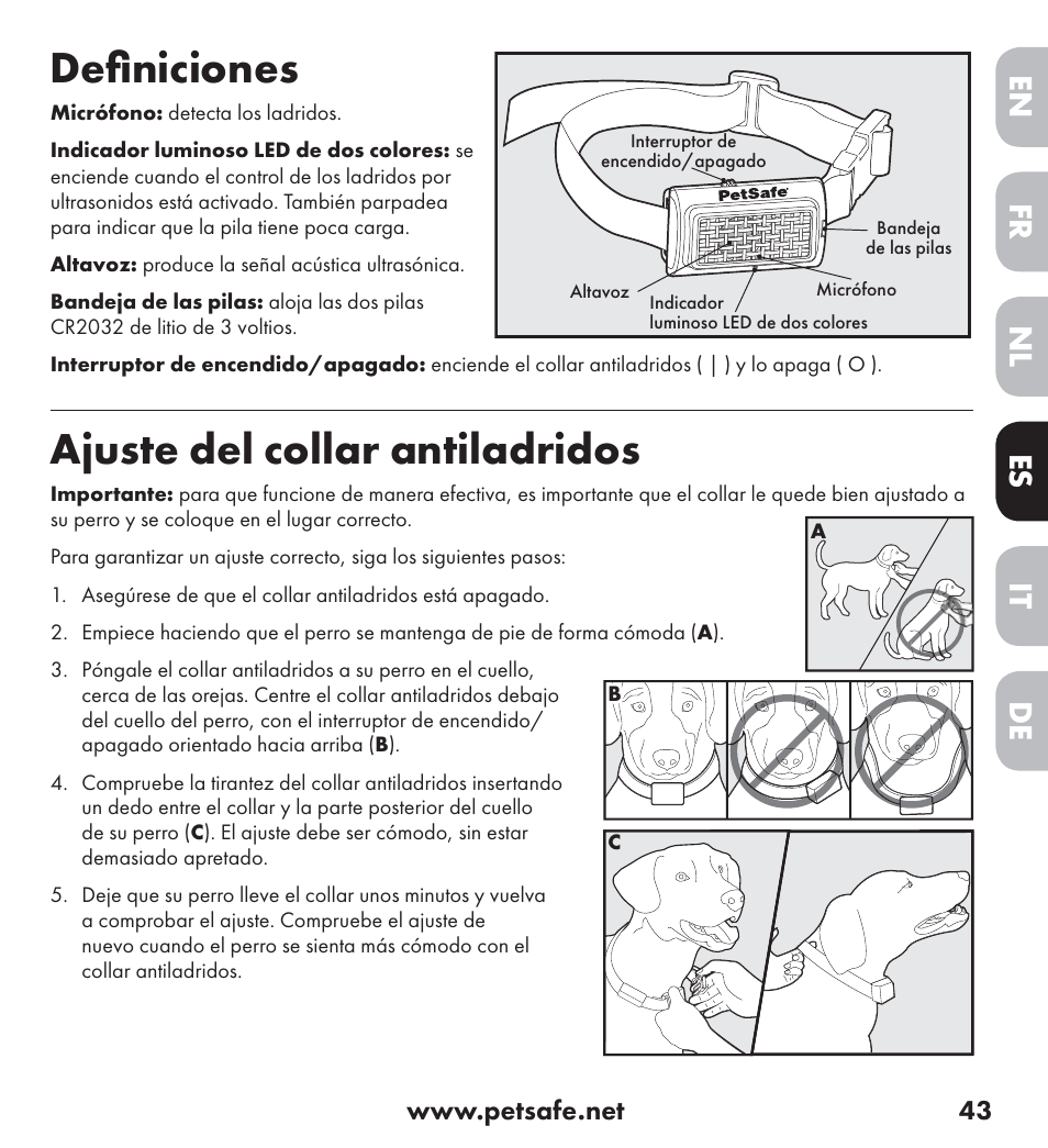 Deﬁ niciones, Ajuste del collar antiladridos, De nl it fr es en | Petsafe Ultrasonic Bark Control Collar User Manual | Page 43 / 75