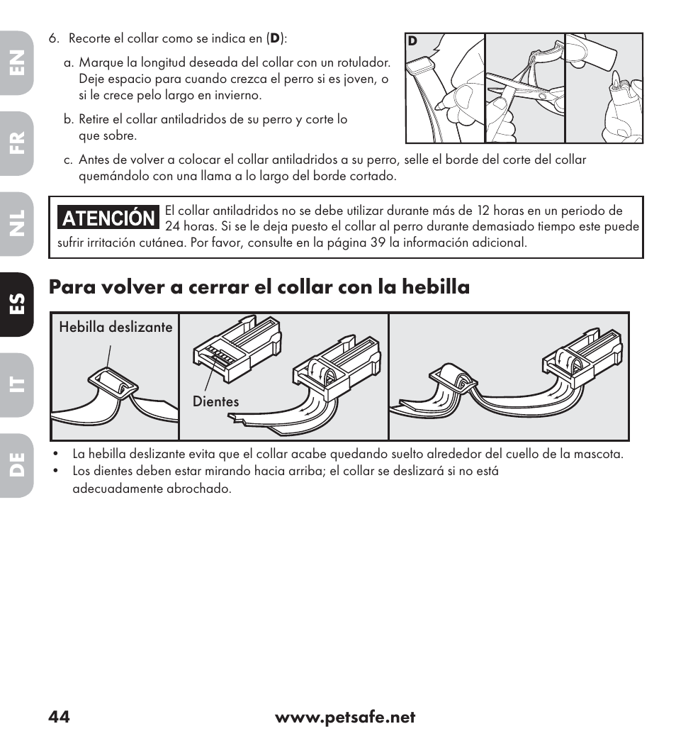 En es fr it nl de, Para volver a cerrar el collar con la hebilla | Petsafe Ultrasonic Bark Control Collar User Manual | Page 44 / 75