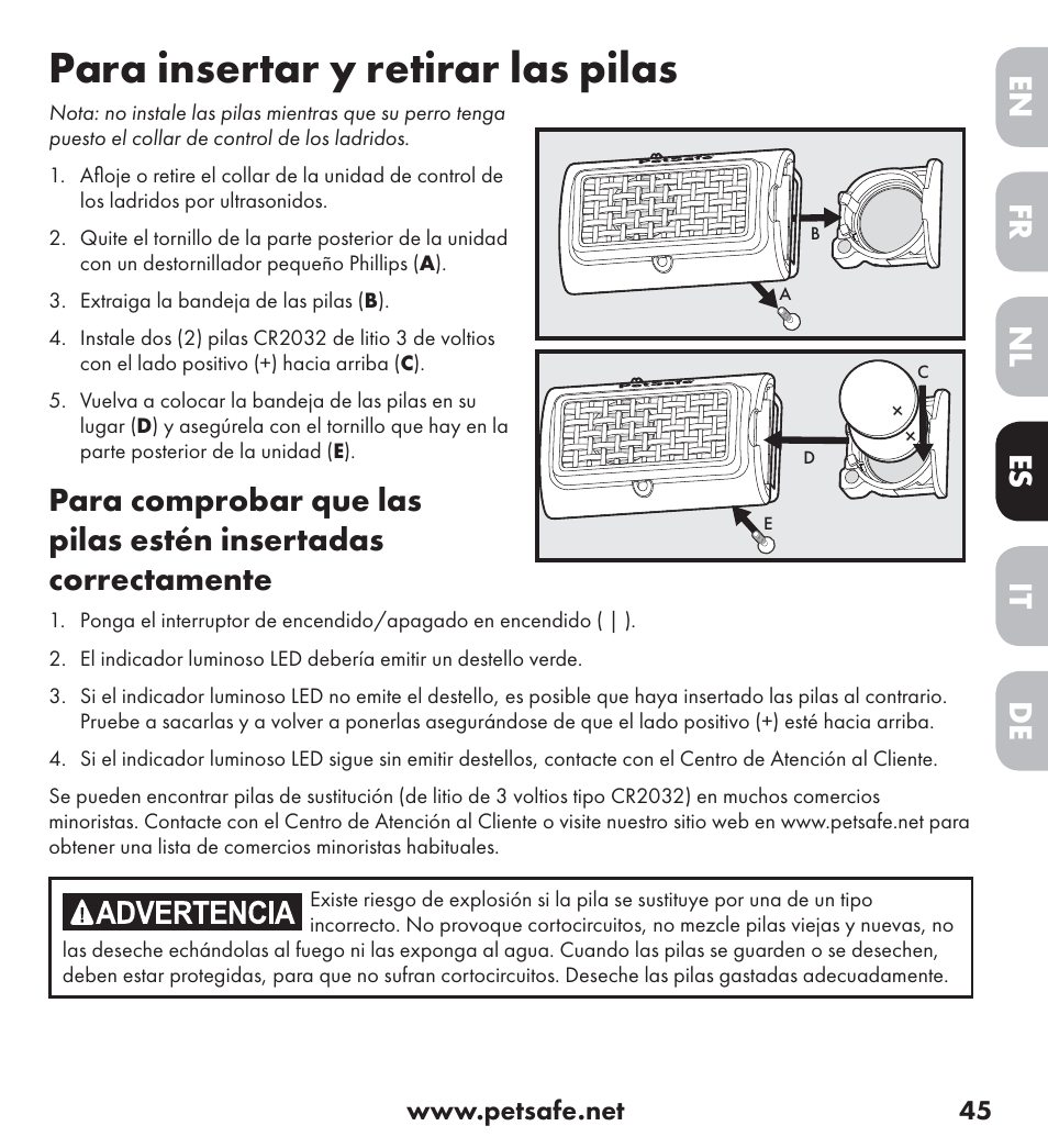Para insertar y retirar las pilas, De nl it fr es en | Petsafe Ultrasonic Bark Control Collar User Manual | Page 45 / 75
