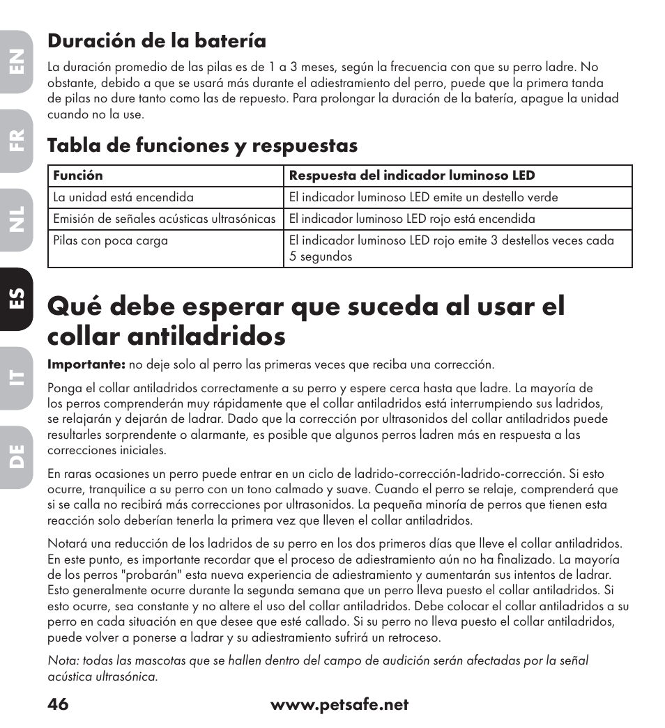 En es fr it nl de duración de la batería, Tabla de funciones y respuestas | Petsafe Ultrasonic Bark Control Collar User Manual | Page 46 / 75