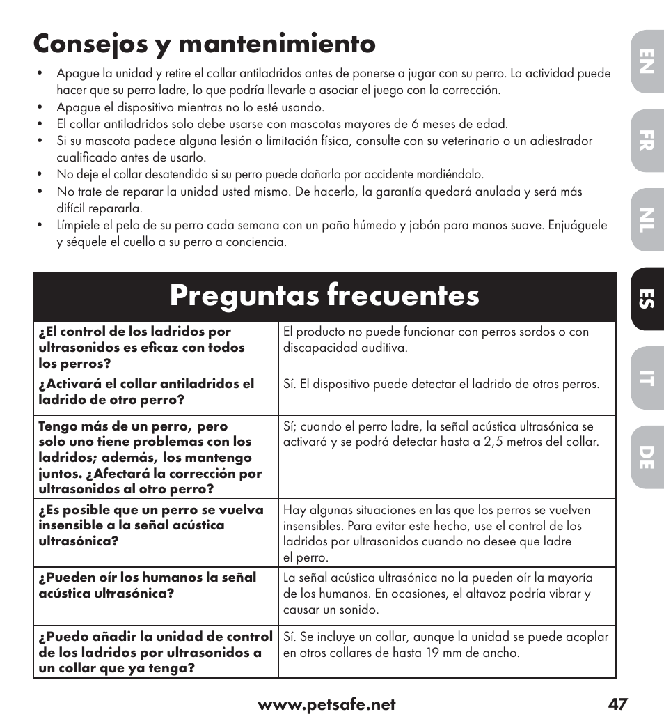 Preguntas frecuentes, Consejos y mantenimiento, De nl it fr es en | Petsafe Ultrasonic Bark Control Collar User Manual | Page 47 / 75
