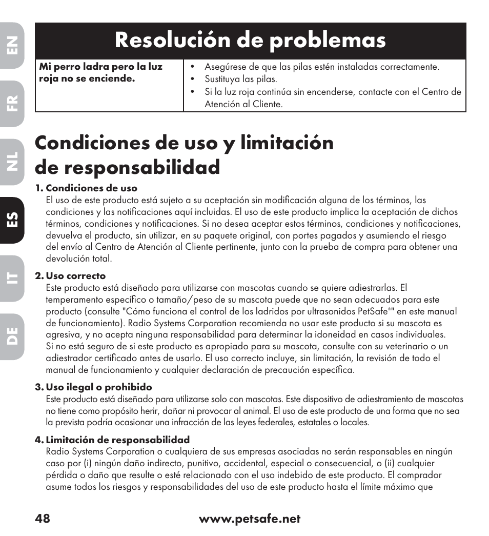 Resolución de problemas, Condiciones de uso y limitación de responsabilidad, En es fr it nl de | Petsafe Ultrasonic Bark Control Collar User Manual | Page 48 / 75