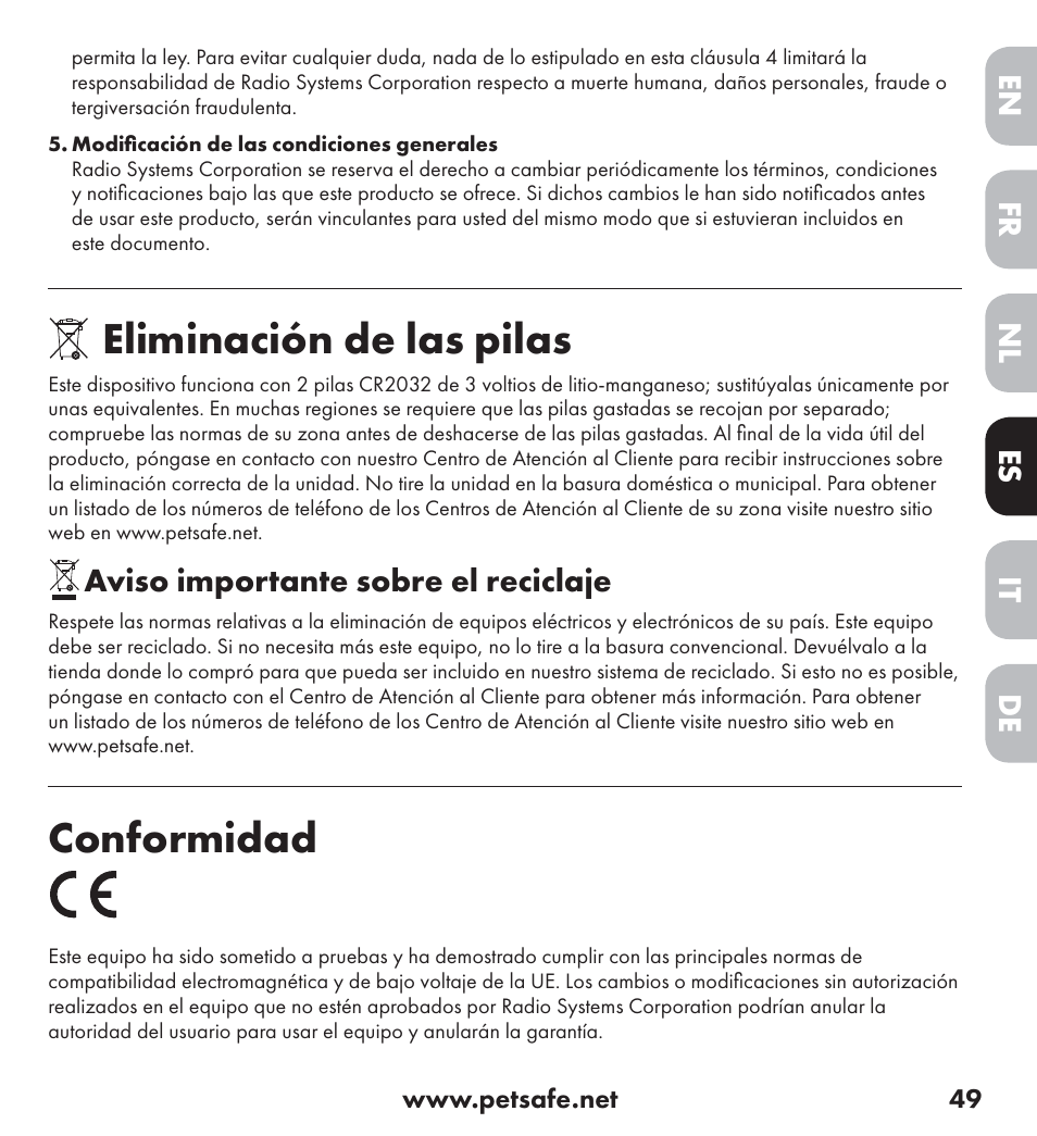 Eliminación de las pilas, Conformidad | Petsafe Ultrasonic Bark Control Collar User Manual | Page 49 / 75